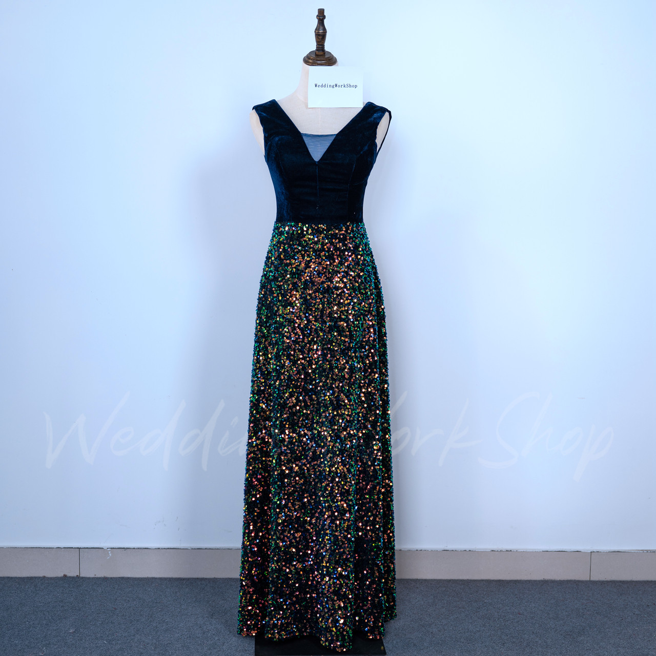 上品！手縫いスパンコール ブルーブラック Vネックワンピース 音楽会/ 演凑会/発表会など/聚会/二次会 G064