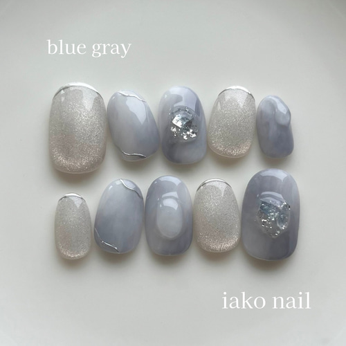 ネイルチップ ブルー グレー ニュアンス ぷっくり マグネット ネイル  
