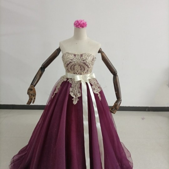 高品質！ カラードレス 3D立体レース刺繍 キラキラチュール ベアトップ 結婚式/披露宴 20枚目の画像
