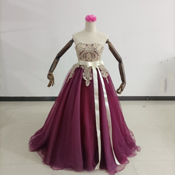 高品質！ カラードレス 3D立体レース刺繍 キラキラチュール ベアトップ 結婚式/披露宴 1枚目の画像
