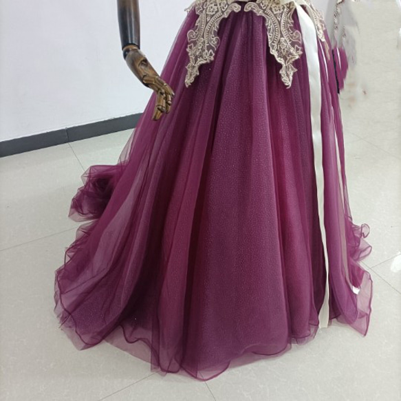 高品質！ カラードレス 3D立体レース刺繍 キラキラチュール ベアトップ 結婚式/披露宴 7枚目の画像
