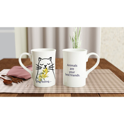 ＜creema限定＞猫モチーフ　マグカップ　陶器　かわいい　ミモザ　ギフト　食器　春色　イエロー　コップ　プレゼント 1枚目の画像