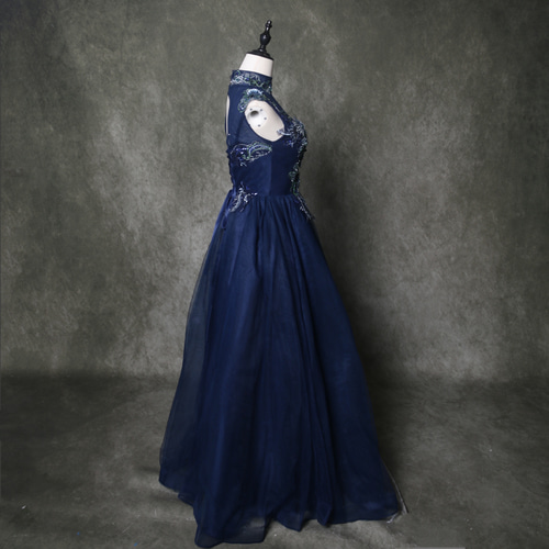 Apis Blue ダークブルーパーティードレス 送料無料！カラードレス ブルー お花嫁ドレス パーティードレス