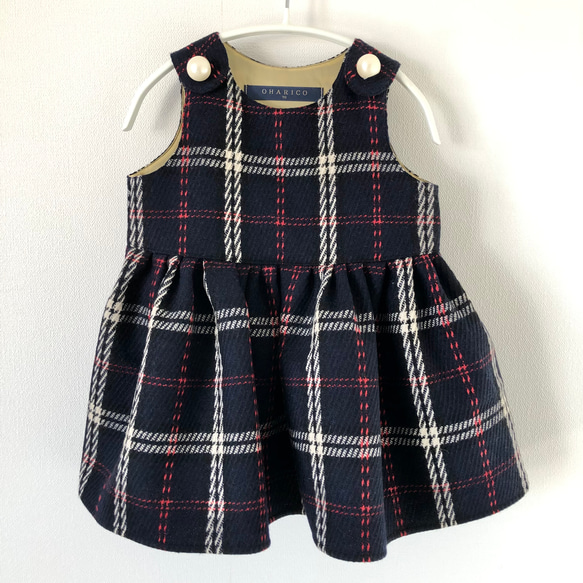 【70】紺に赤白チェック/大きなパールボタンのよそゆきワンピース【ネイビー/子ども服/ベビー服】 3枚目の画像