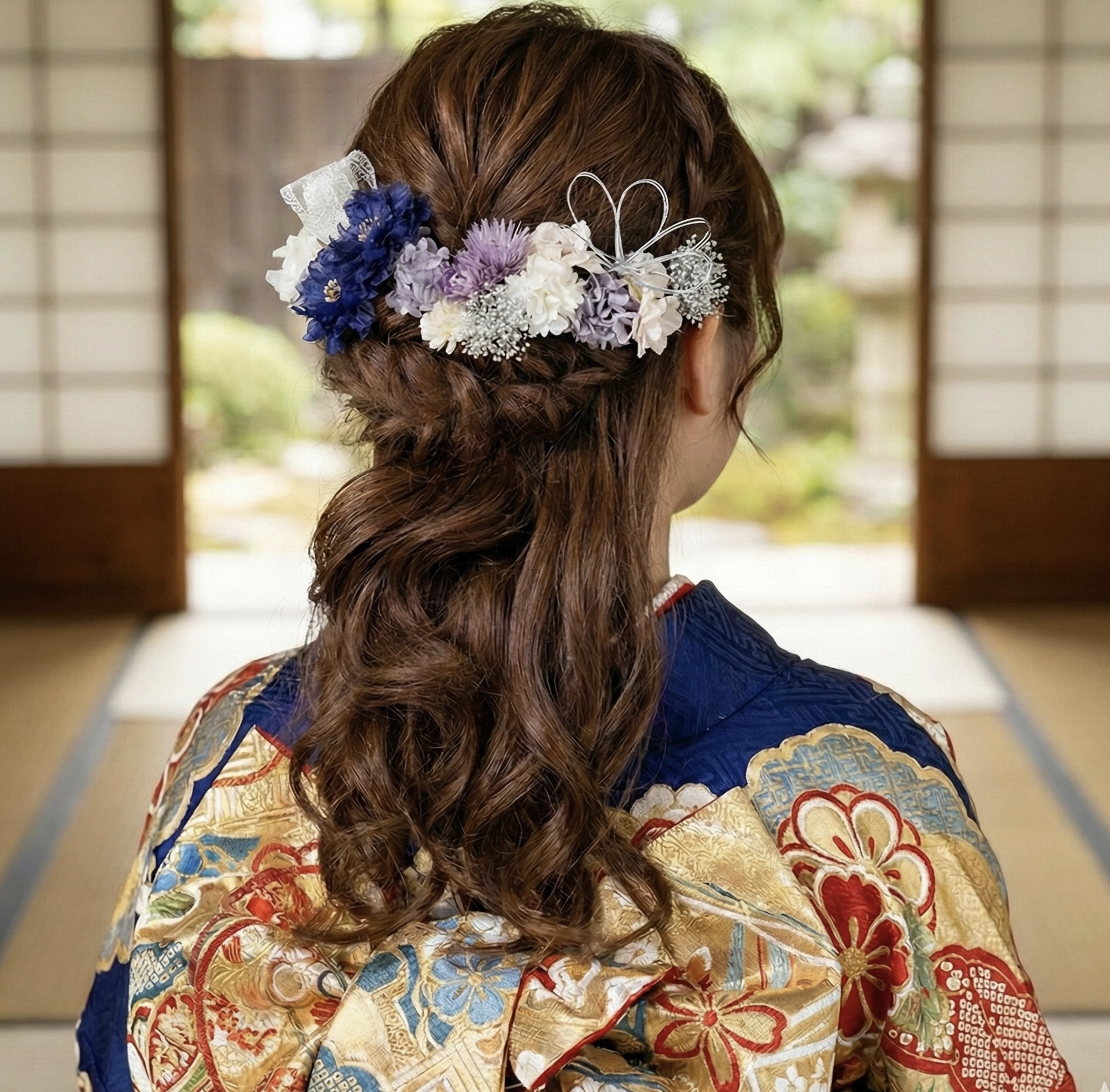 シフォンフラワー髪飾り　ネイビー　卒業式　袴　成人式　振袖　結婚式　髪飾り