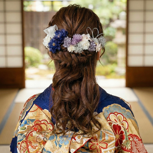 シフォンフラワー髪飾り ネイビー 卒業式 袴 成人式 振袖 結婚式 髪
