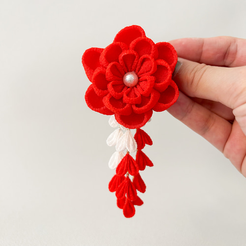 【髪飾り】椿朱色147番 5点セット 髪飾り 椿 ツバキ 花 フラワー ベルベット調| きもの館 創美苑