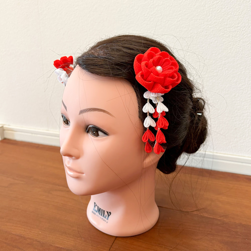 乙女椿の髪飾りセット 赤 七五三 つまみ細工 かんざし otowa 通販