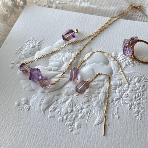 宝石質アメトリンタンブルカットのチェーンピアス⭐︎14kgf ピアス 