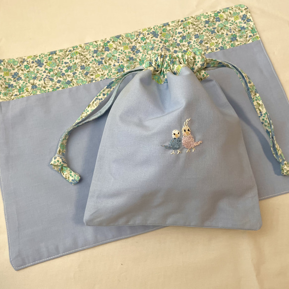 インコ刺繍コップ袋 全4柄色(水色•紫•ベージュ•ピンク) 揃いのランチョンマットあり【名入れ刺繍可能作品】 人気・おすすめ｜使いやすい・旅行におすすめ セール中 全国発送 国内発送対応