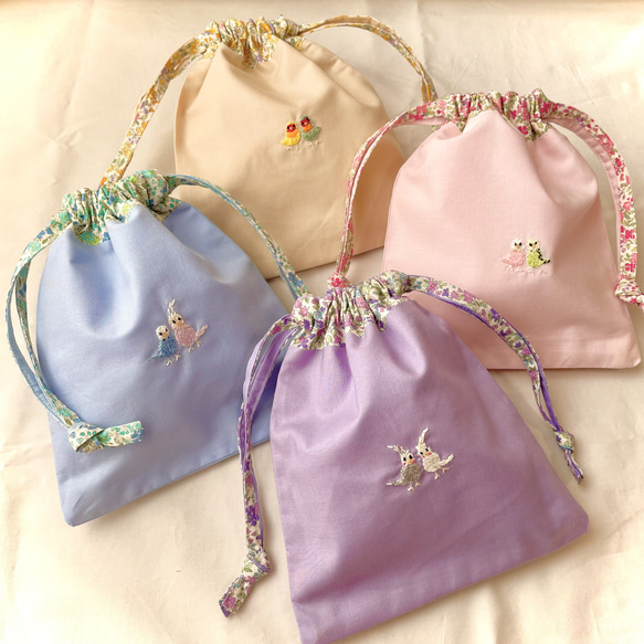 インコ刺繍コップ袋 全4柄色(水色•紫•ベージュ•ピンク) 揃いのランチョンマットあり【名入れ刺繍可能作品】 人気・おすすめ｜使いやすい・旅行におすすめ セール中 全国発送 国内発送対応