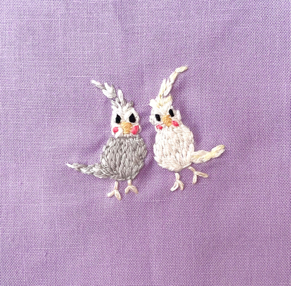 インコ刺繍コップ袋 全4柄色(水色•紫•ベージュ•ピンク) 揃いのランチョンマットあり【名入れ刺繍可能作品】 11枚目の画像