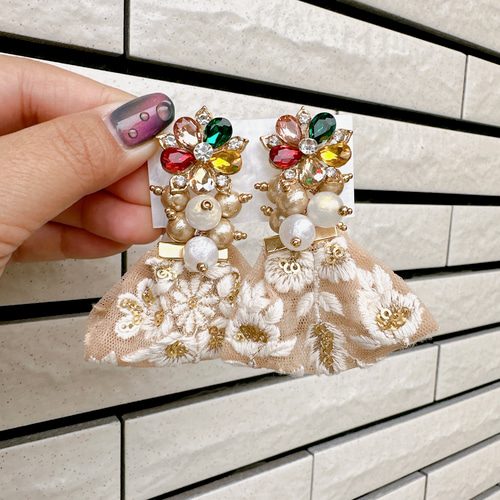 インド刺繍リボン アンティーク調 フラワー パール ピアス ピアス 