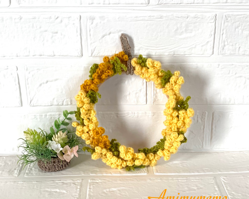 受注制作ミモザリースLLサイズ 再販×16 ミモザたっぷり 38㎝ ミモザリース L リボンが選べる