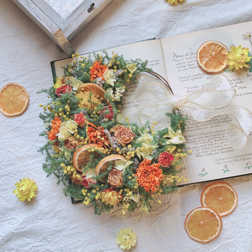 ミモザとオレンジの貝殻草　ドライフラワーハーフリース ☆ミモザとオレンジ☆ ドライフラワー petit.iro 通販 17214020