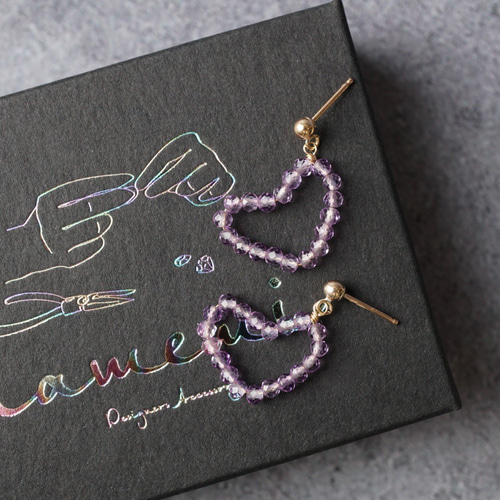 2月誕生石】ハート ピンクアメジスト 天然石 シンプル ピアス 14kgf  