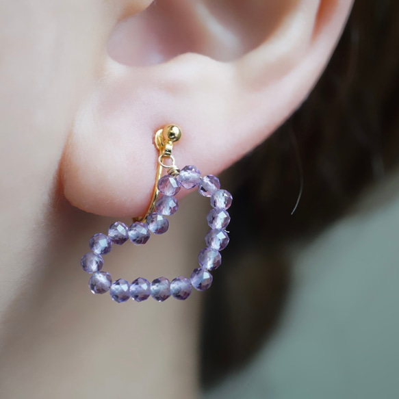 2月誕生石】ハート ピンクアメジスト 天然石 シンプル ピアス 14kgf  