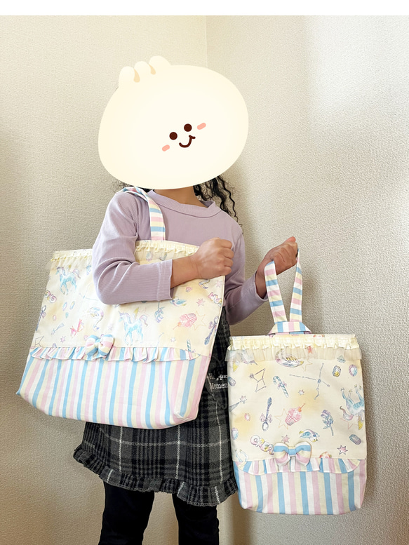 送料無料！ゆめかわ♡ユニコーン✖️裏地水色キルティング⭐︎お手さげバッグ上履き入れ⭐︎セット　女の子　幼稚園入園入学準備 4枚目の画像