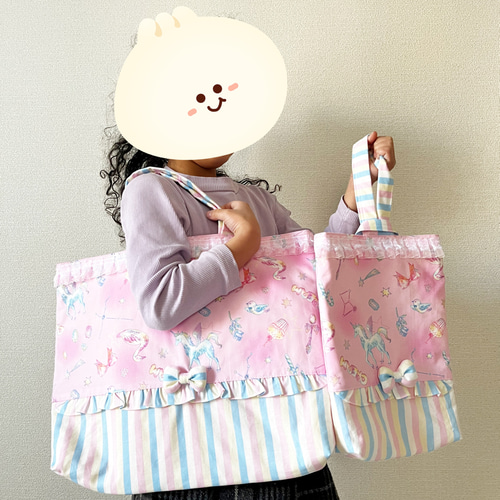 ユニコーンストライプピンク☆レッスンバッグ◇上履き袋◇女の子◇入園