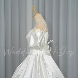 高級感あふれる花嫁、ウェディングドレス ストラップのサテン生地パフスリーブのオフショルダーG086 9枚目の画像