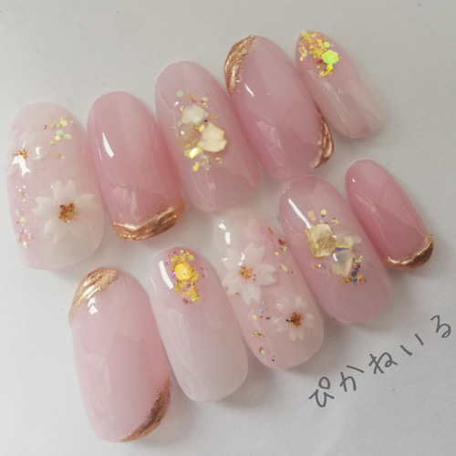 【オーダー】お花ネイル さくら×大人ピンク♡春お花見ネイル ネイルチップ（つけ爪） ぴかね