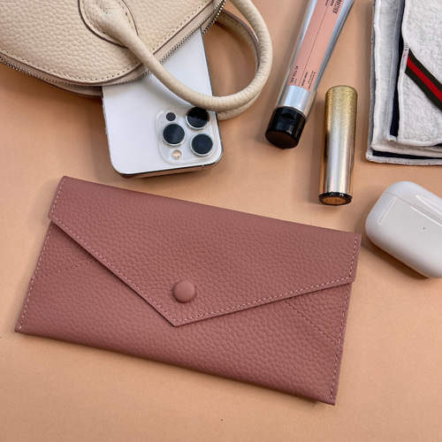 うすくて軽い長財布】上質牛本革／くすみピンク／スマホも入る大容量