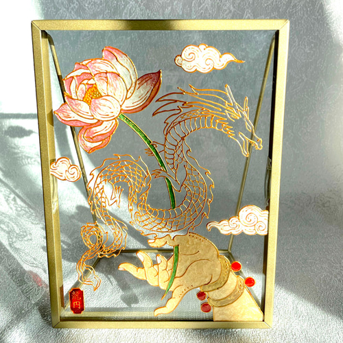 開運絵画 龍神様 蓮の花 運気上昇 守護の力 パールライラック 紫