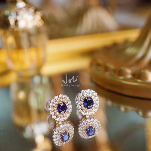 天然サファイア キラキラ ダブルヘイロー スタッドピアス レトロ