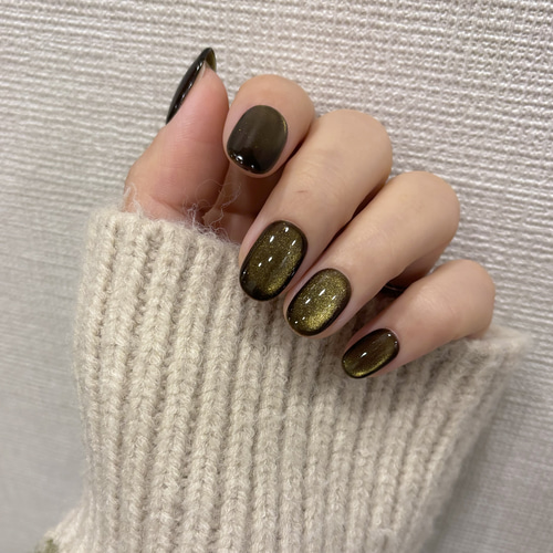 No.9 ダークグリーンちゅるんマグネットネイル ネイルチップ/キラキラ