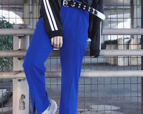 Slit Flare Rib Pants (blue) ワイドパンツ ブルー 青