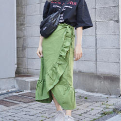 Frill Design Ribbon Wrap Skirt (green) ロングスカート グリーン 緑 カジュアル 2枚目の画像