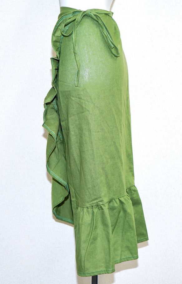 Frill Design Ribbon Wrap Skirt (green) ロングスカート グリーン 緑 カジュアル 6枚目の画像