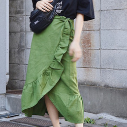 Frill Design Ribbon Wrap Skirt (green) ロングスカート グリーン 緑 カジュアル 1枚目の画像