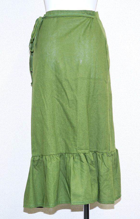 Frill Design Ribbon Wrap Skirt (green) ロングスカート グリーン 緑 カジュアル 5枚目の画像
