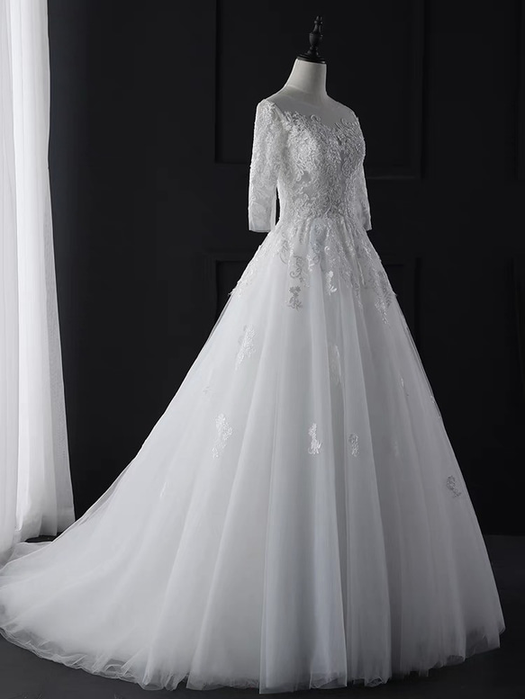 ウエディングドレス 七分袖 オフショルダー　Aライン 二次会ドレス 白 前撮り　花嫁　ウエディング（WD242018） 肩幅 ウエディングドレス 七分袖 二次会ドレス wedding リボンワンピース 可愛い