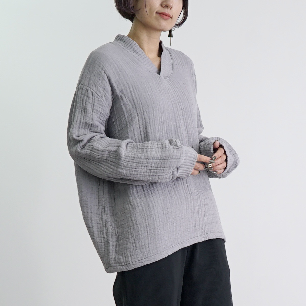 Vネックもこもこガーゼプルオーバー/ライトグレー/三河織物6重ガーゼ
