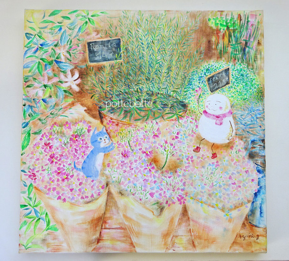 ✻【原画/キャンバス】Chez le Fleuriste お花屋さんにて / ポテとゆきだるまん no.36 アクリル画 18枚目の画像