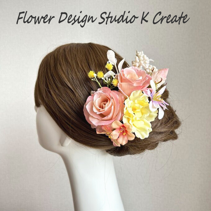 ピーチカラーの薔薇と黄薔薇のヘッドドレス　ウェディング　結婚式　成人式　袴　髪飾り　ピーチ　イエロー　オレンジ