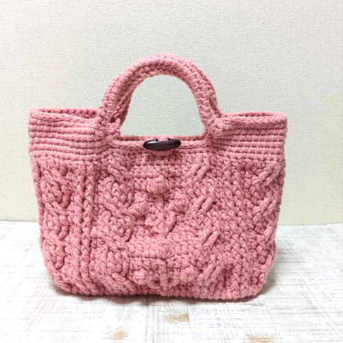 かわいいアラン柄毛糸バッグ/ニットバッグ/内布付き ピンク トート