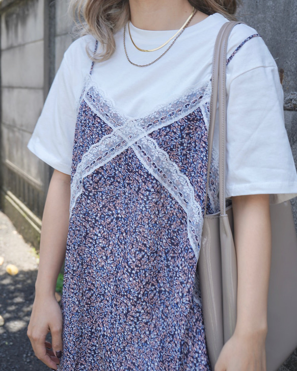 Flower Cami-onepiece & T-shirts 2P SET ロング丈ワンピース ブルー 青 ガーリー 3枚目の画像