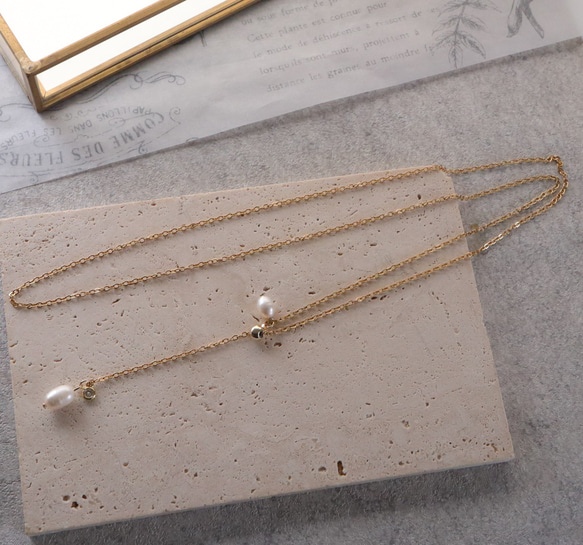 Y 字 ネックレス 淡水パール ジルコニア スライド式 Gold ネックレス・ペンダント Repisol 通販｜Creema(クリーマ ...