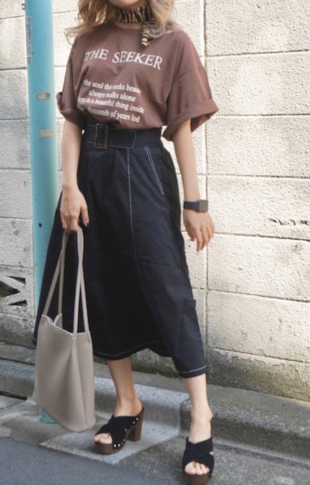 White Stitch Flare Long Skirt (black) ロングスカート ブラック 黒　モノトーン