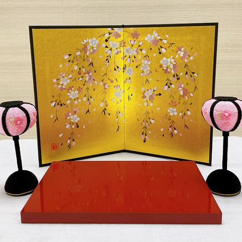 お雛様小道具【雛台&桜金屏風 高さ15cm&ぼんぼり一対】3点 お雛様小道具【雛台&桜金屏風 高さ15cm&ぼんぼり一対】3点