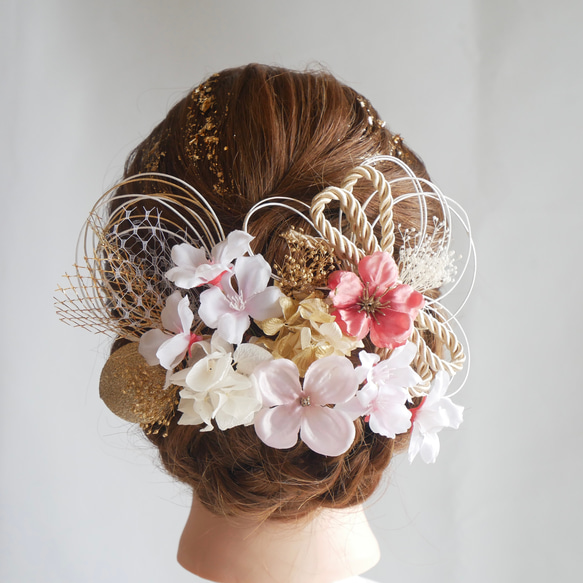 S12  桜　ピンク　ドライフラワー髪飾り　ダブルリボン　水引　和玉　成人式　卒業式　結婚式　前撮り 4枚目の画像