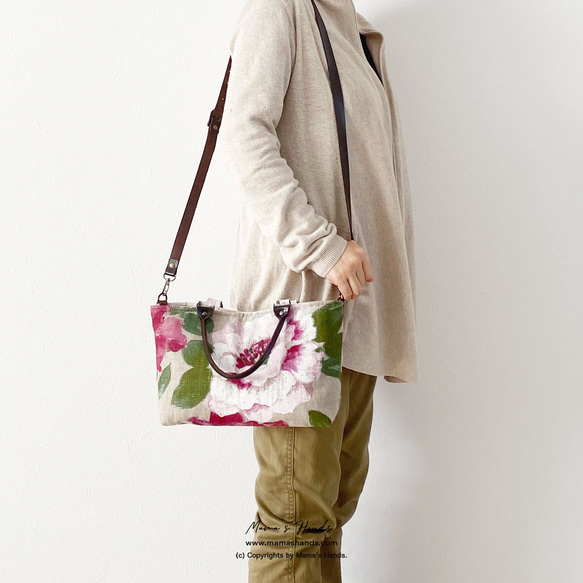 時尚 2way 法國亞麻花朵大號斯堪的納維亞天然嬌小皮革手提包手提包春季單肩包 第4張的照片