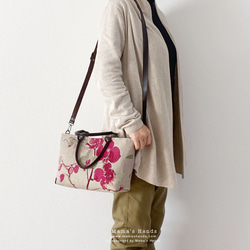 時尚 2way 法國亞麻紅花大號斯堪的納維亞天然嬌小皮革手提包手提包單肩包 第1張的照片