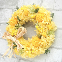 幸せの黄色い春色リース　ミモザイエローのお花たっぷりのアジサイリース　母の日ギフト　両親贈呈　W084 春色新作2024 3枚目の画像