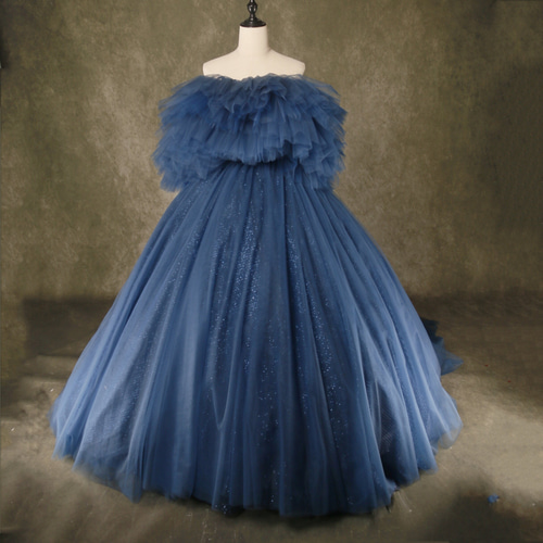 送料無料！カラードレス ブルー オフショルダー 編み上げ キラキラ  