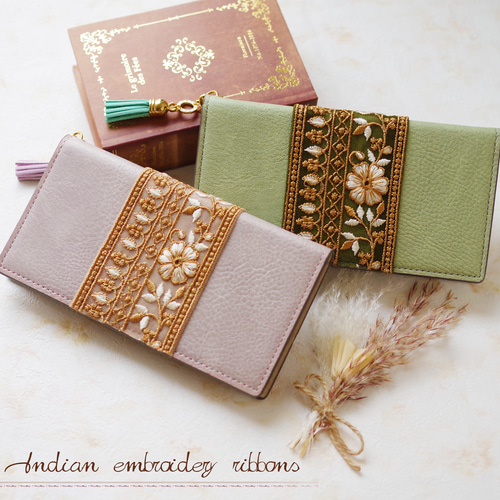 インド刺繍リボン✴︎Purple or Green 多機種対応✳︎iPhone15 Xperia