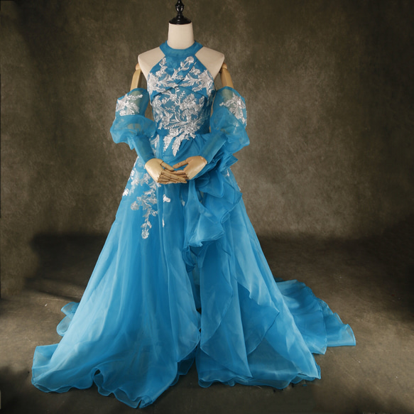 水色　ホルターネック　ロングドレス 送料無料！カラードレス ブルー 上質オーガンジー ホルターネック